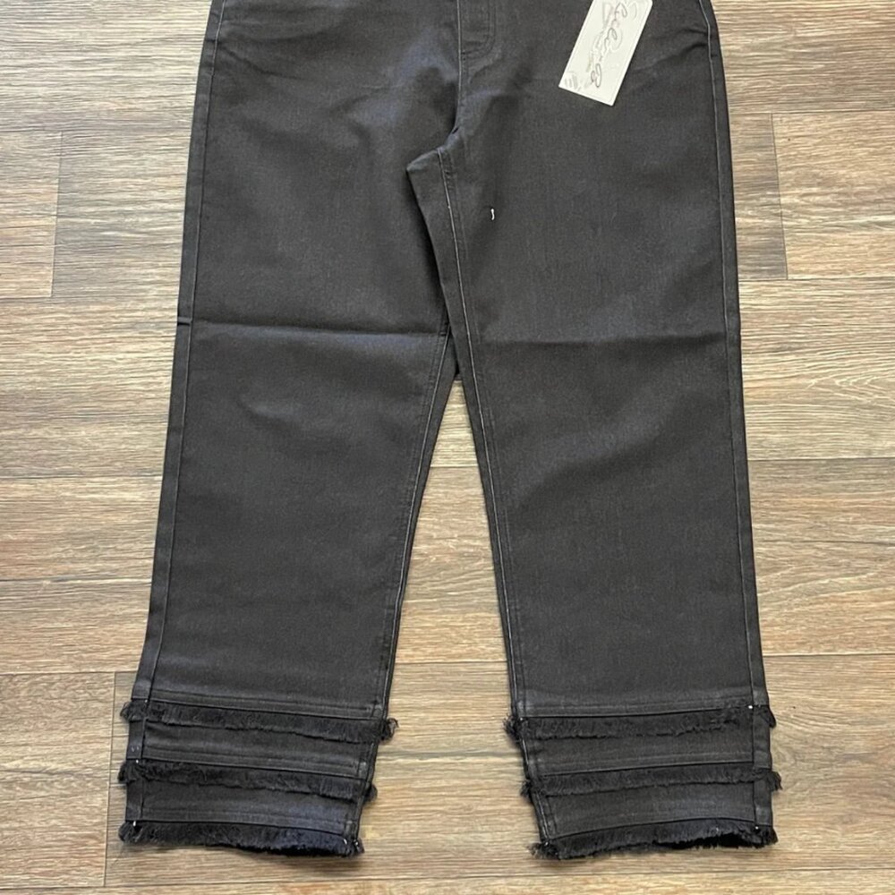 Lulu-B Ladies Denim Black Triple Fringe Hem Detail Pull On Stretchy Jeans